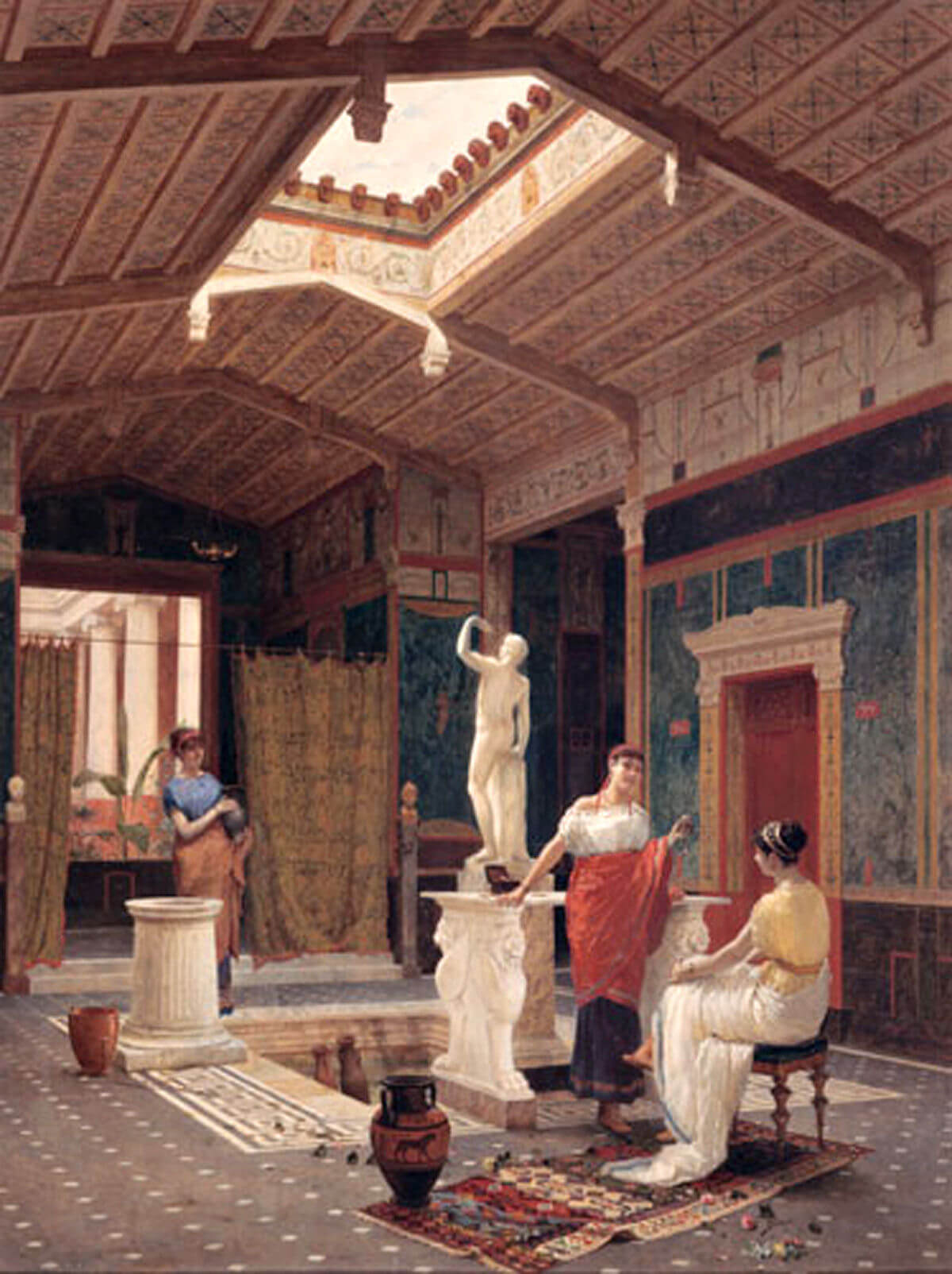 The oil painting 'A Pompeian Interior' by Luigi Bazzani, 1882