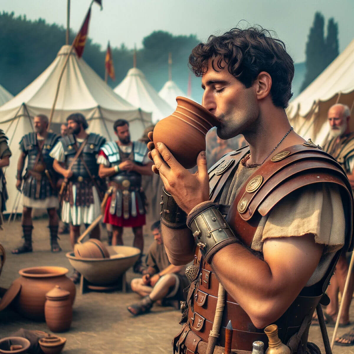 A Roman legionary soldier drinking from a clay cup
